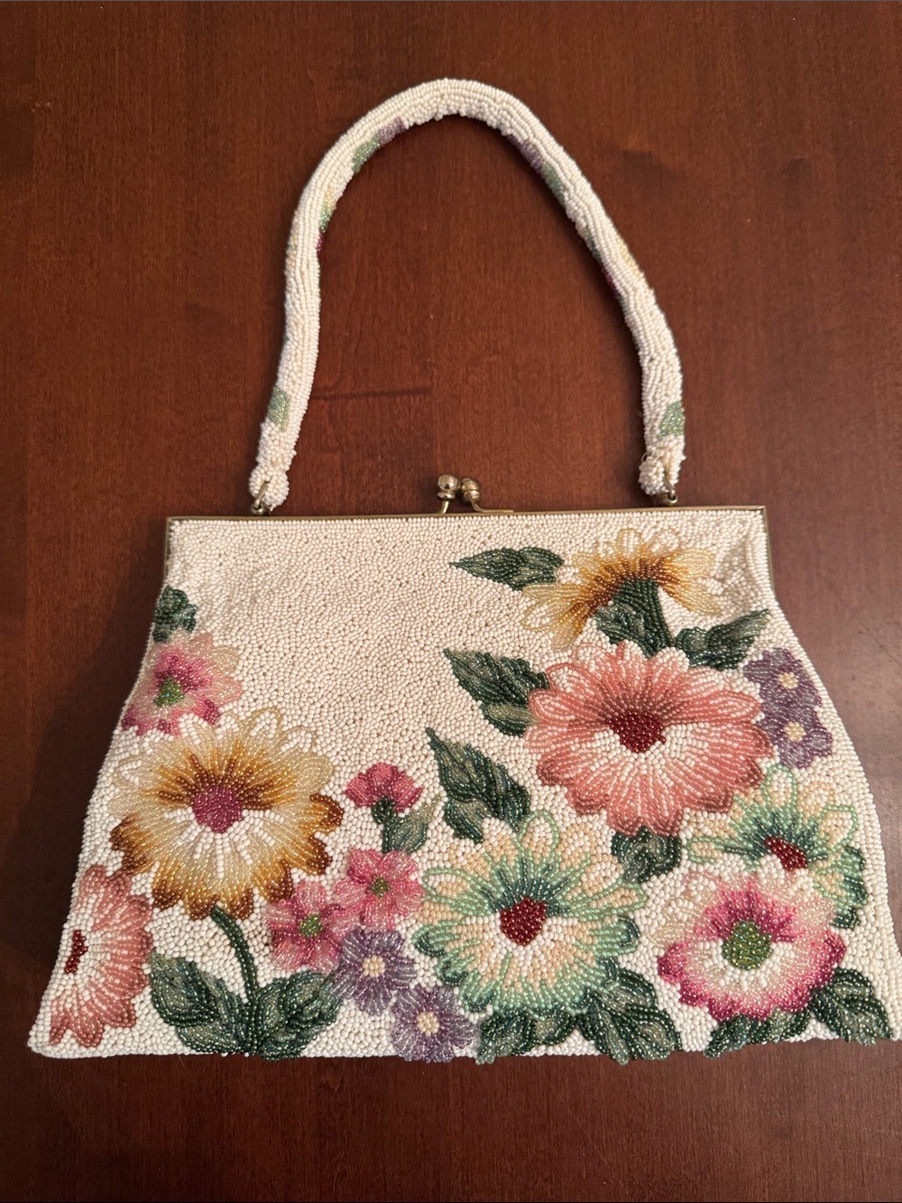Ivory Beaded Floral Frame-Top Clutch with Pastel Blooms